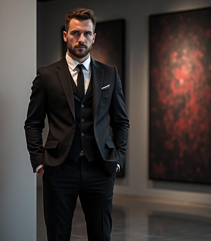 Atmospheric portrait of a focused curator standing in a modern New York gallery