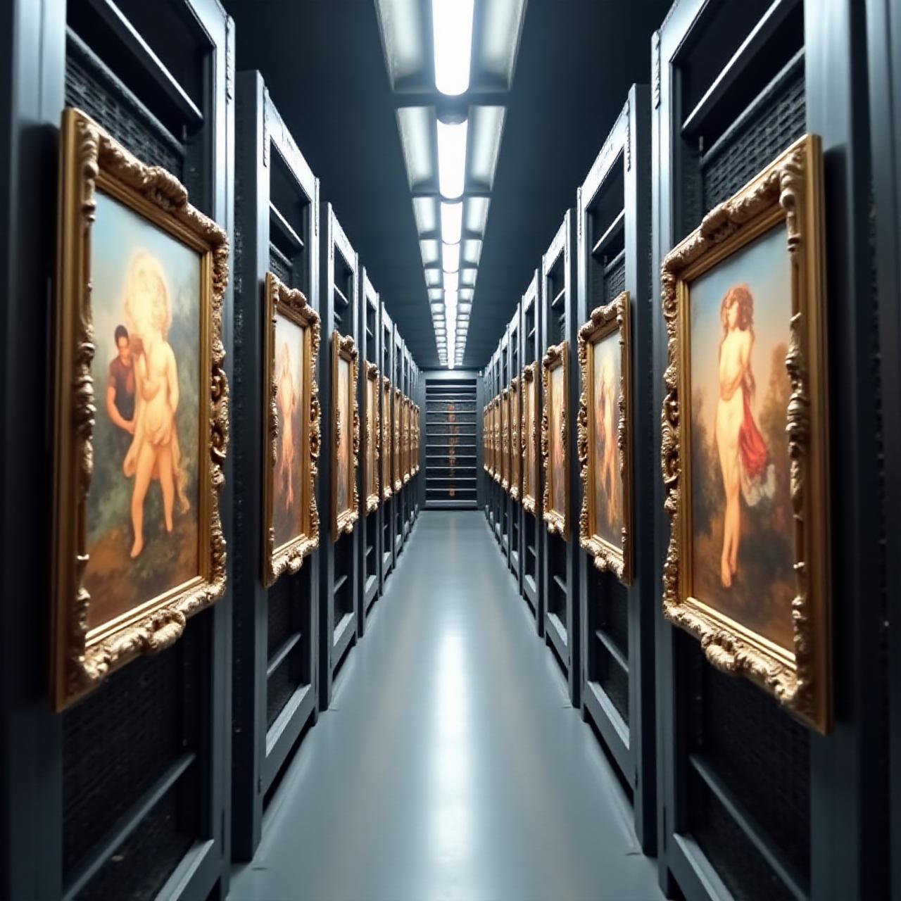 A high-security climate-controlled art storage vault showing masterworks